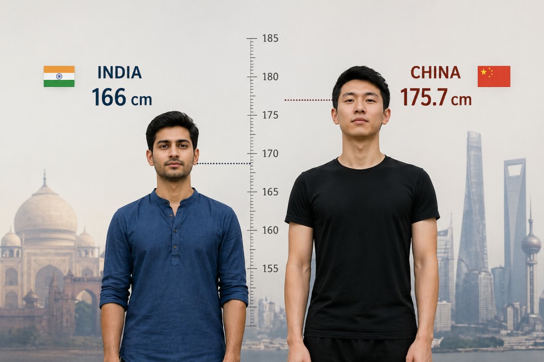 average height difference between India and China men comparison