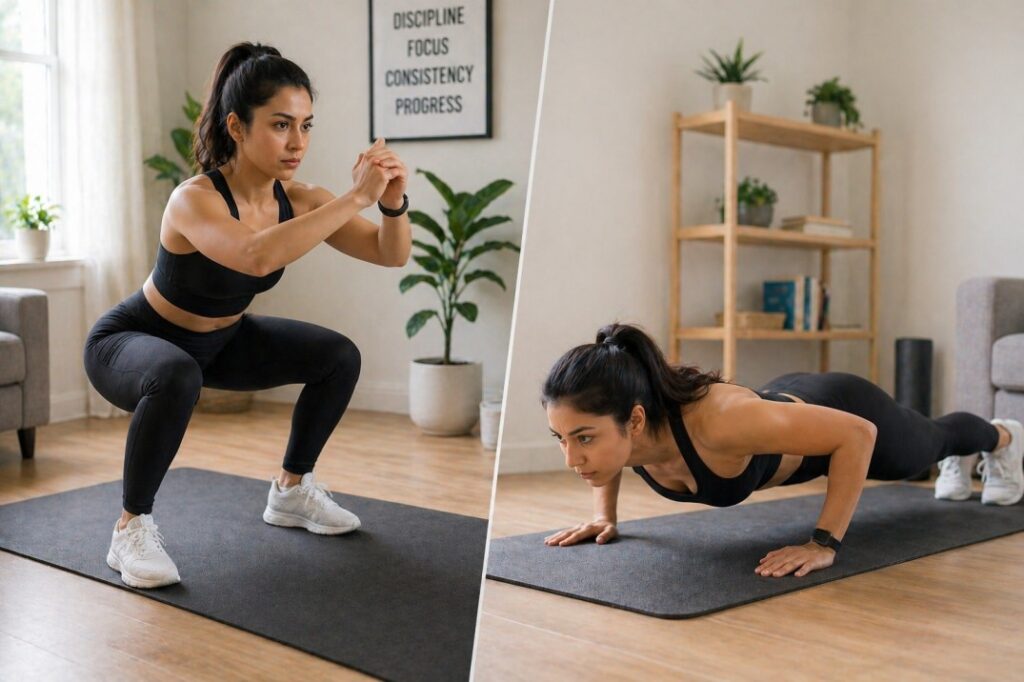 beginner performing bodyweight exercises at home like squats and push ups