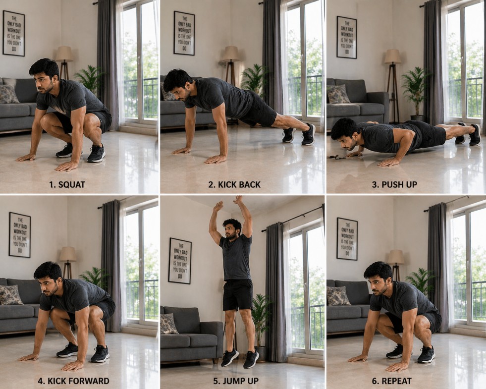 Burpees exercise steps for full body home workout