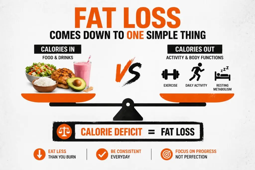 “calorie deficit calories in vs calories out fat loss concept”