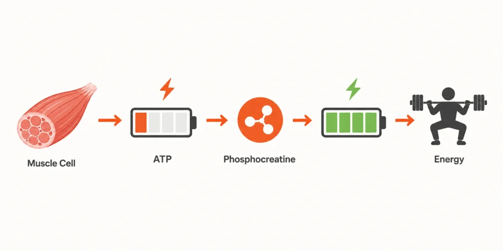 Creatine energy cycle inside muscle cells shown with simple fitness icons