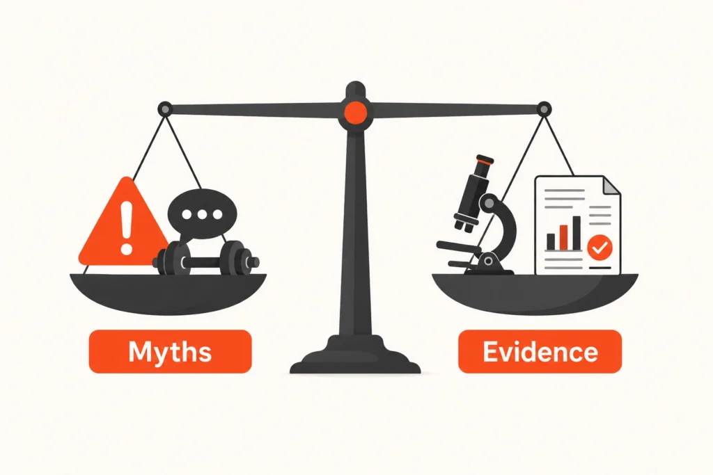 Creatine myths balanced against scientific evidence using clean icon illustration