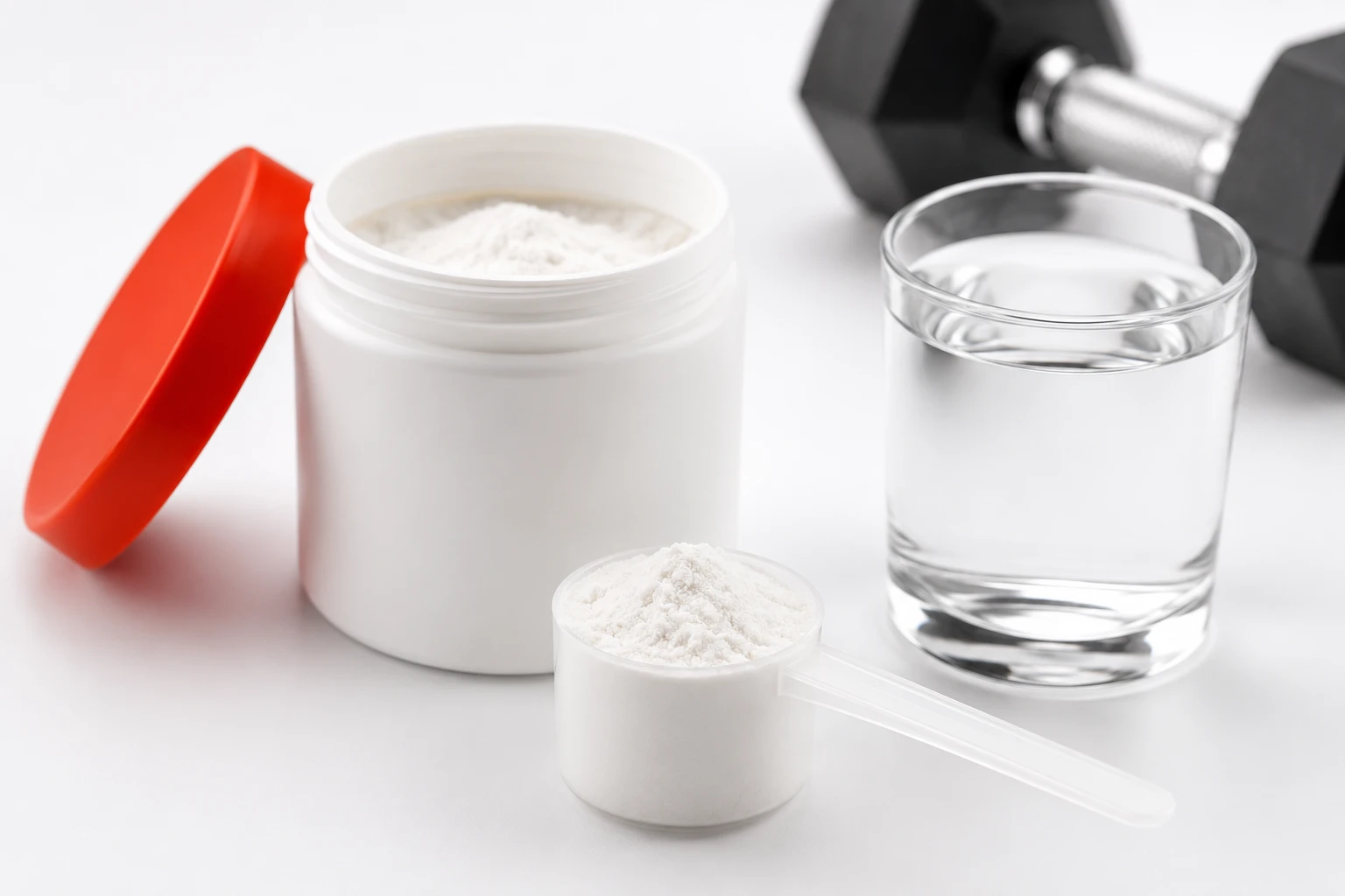 Plain creatine monohydrate powder beside scoop on clean white background