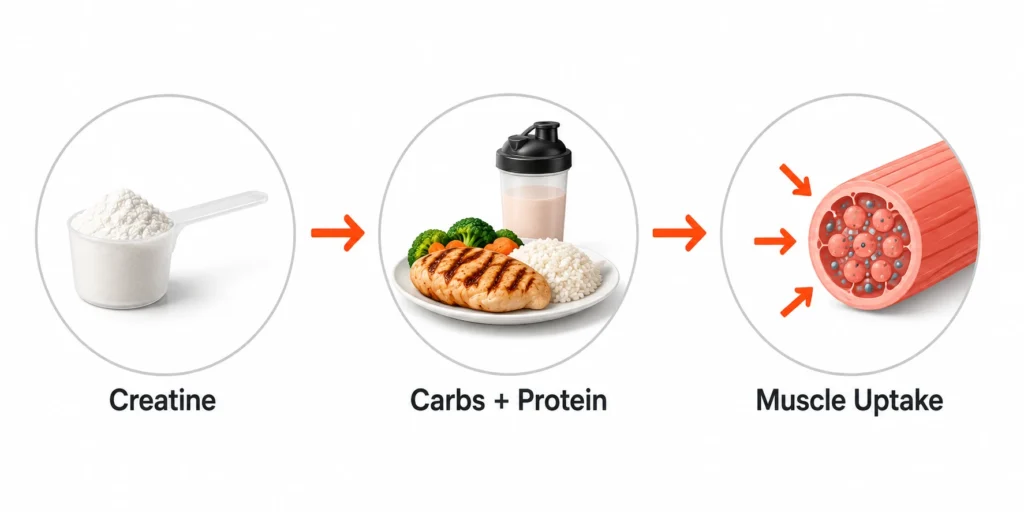 Creatine timing flow showing post workout absorption with carbohydrates and protein