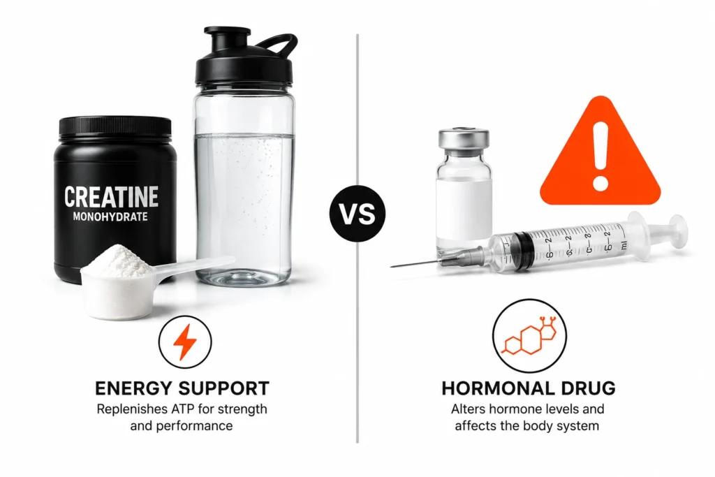 Creatine supplement compared visually against anabolic steroid injection equipment