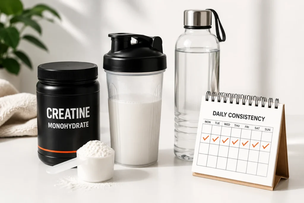 Simple daily creatine supplementation setup with shaker bottle and water