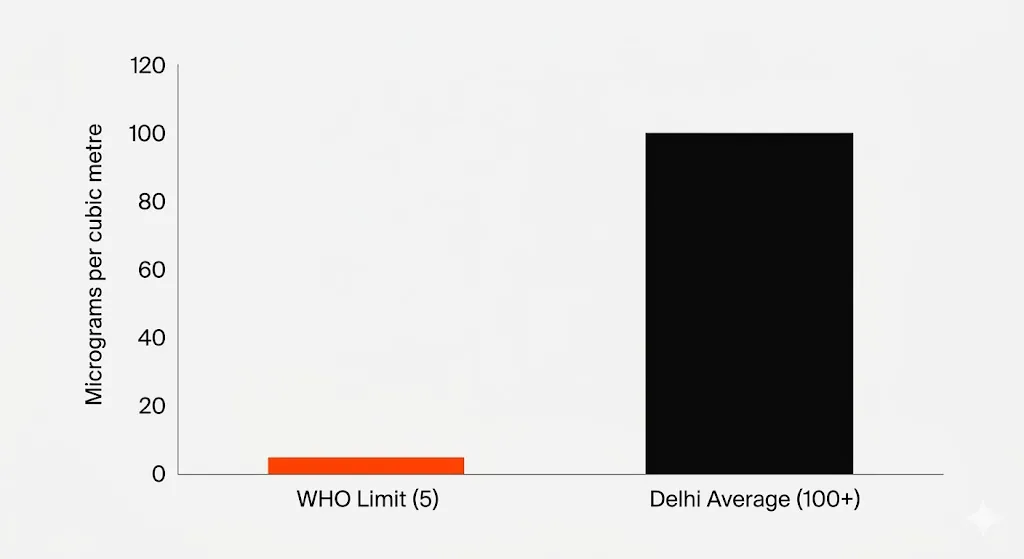 Bar chart comparing Delhi PM2.5 levels to WHO safety guidelines