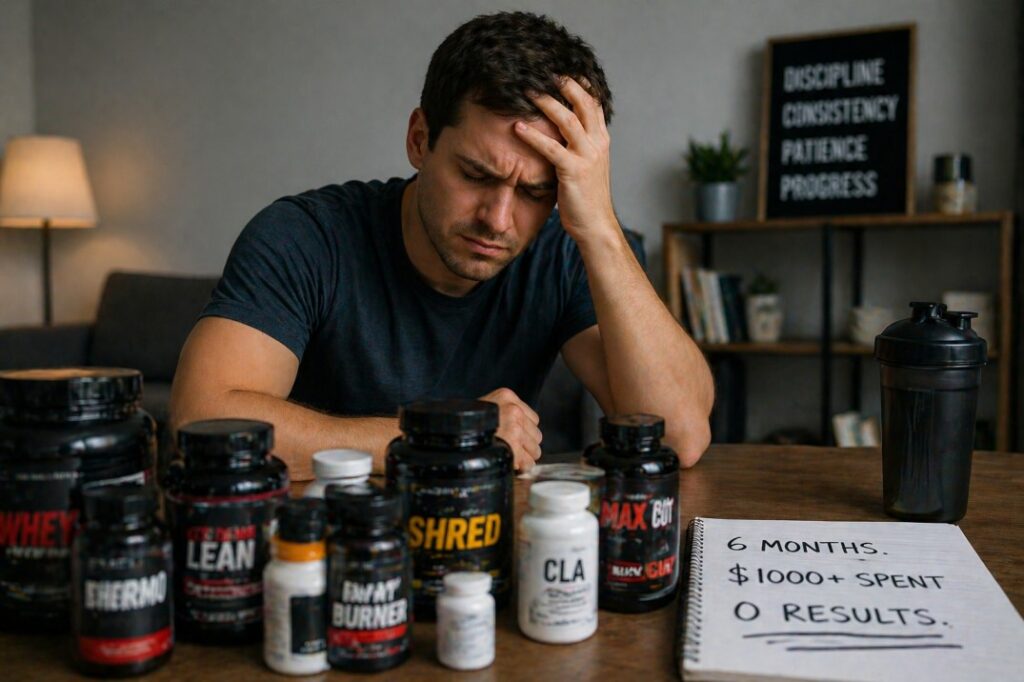 man frustrated after trying multiple fat burner supplements without results