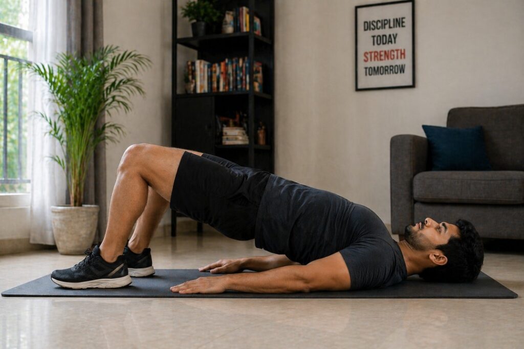 Glute bridge exercise form for home workout beginners