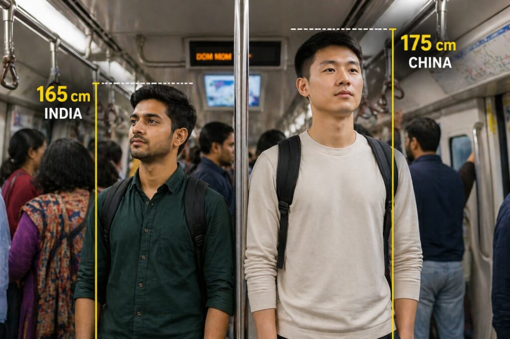 real life height difference between Indian and Chinese adults comparison