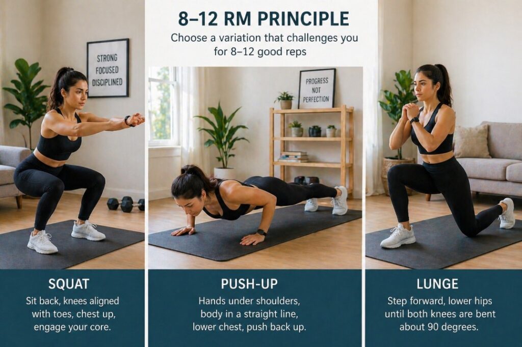 beginner performing bodyweight exercises at home like squats and push ups