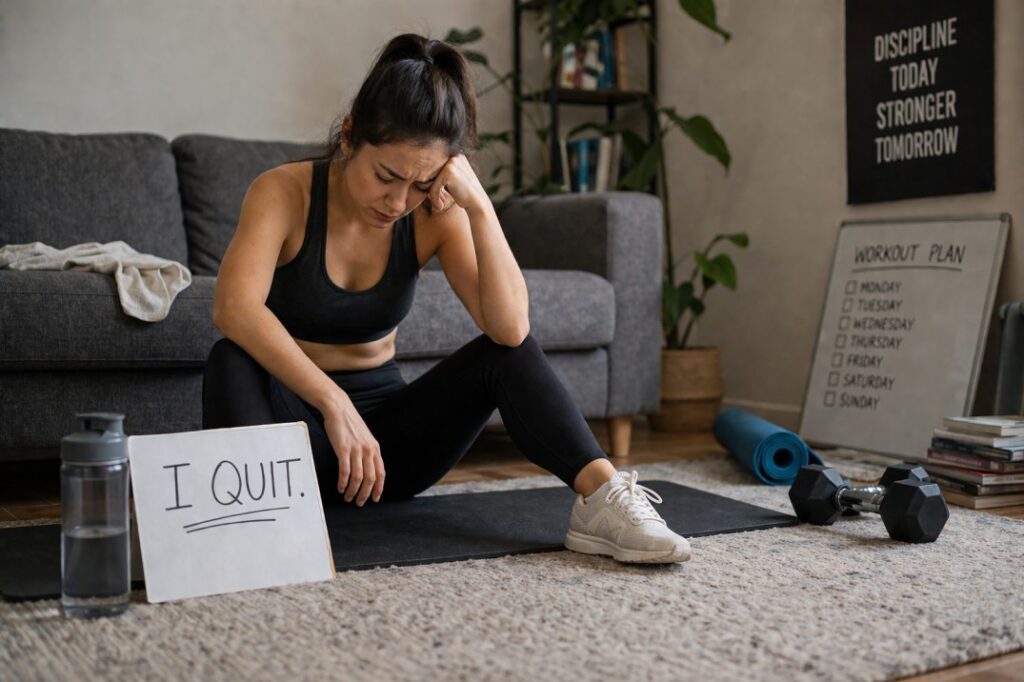 person struggling with motivation and consistency in home workout routine