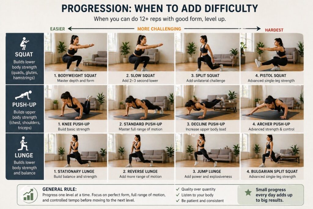 progression from beginner to advanced bodyweight exercises at home