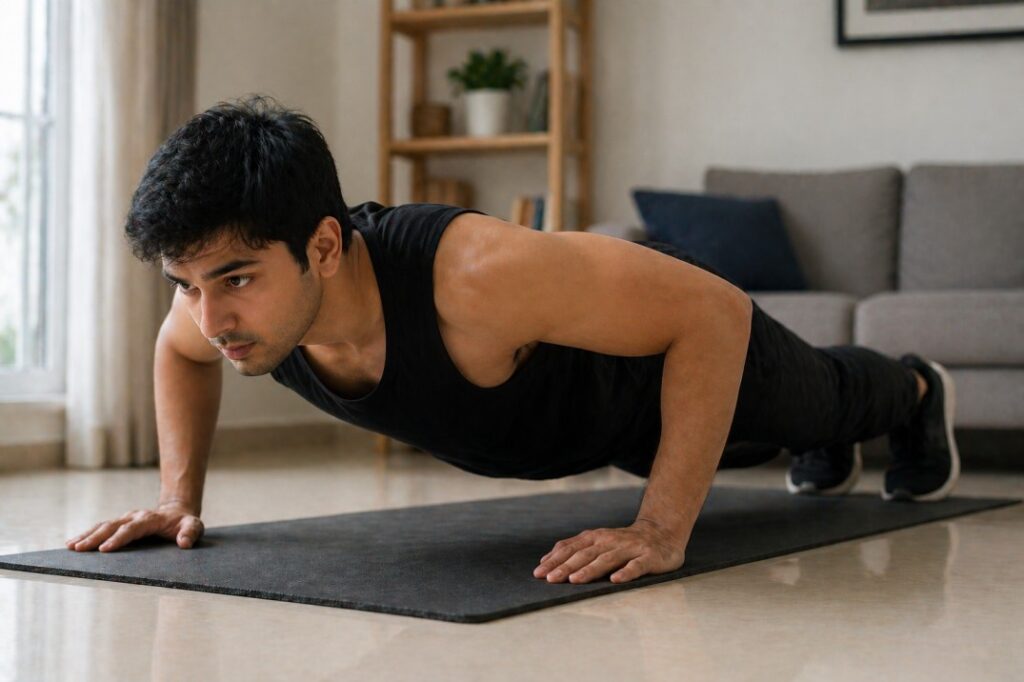 indian man doing pushups at home beginner strength training