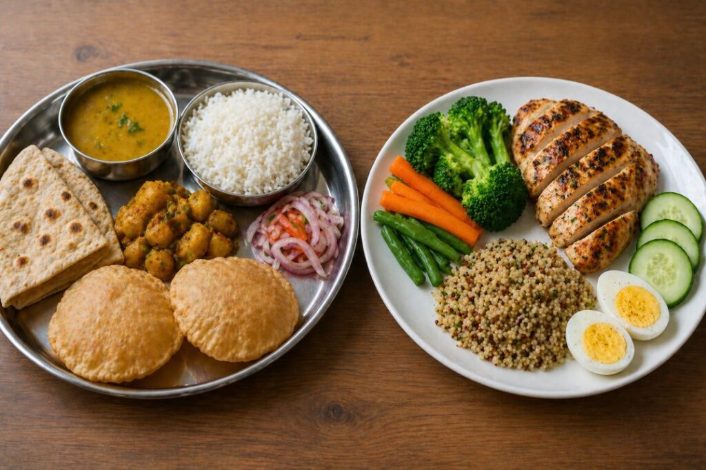 typical indian high carb diet vs balanced protein meal comparison