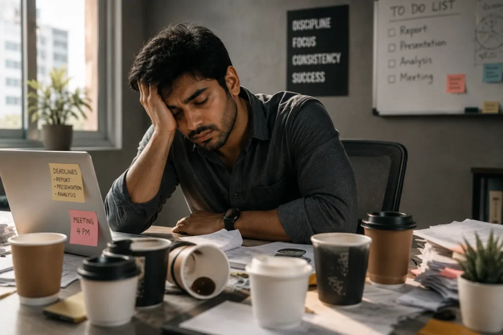 Exhausted office worker experiencing low testosterone related chronic fatigue