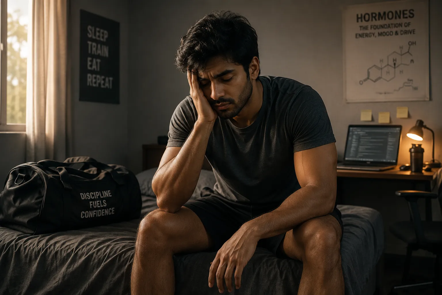 Tired young man showing signs of low testosterone and fatigue