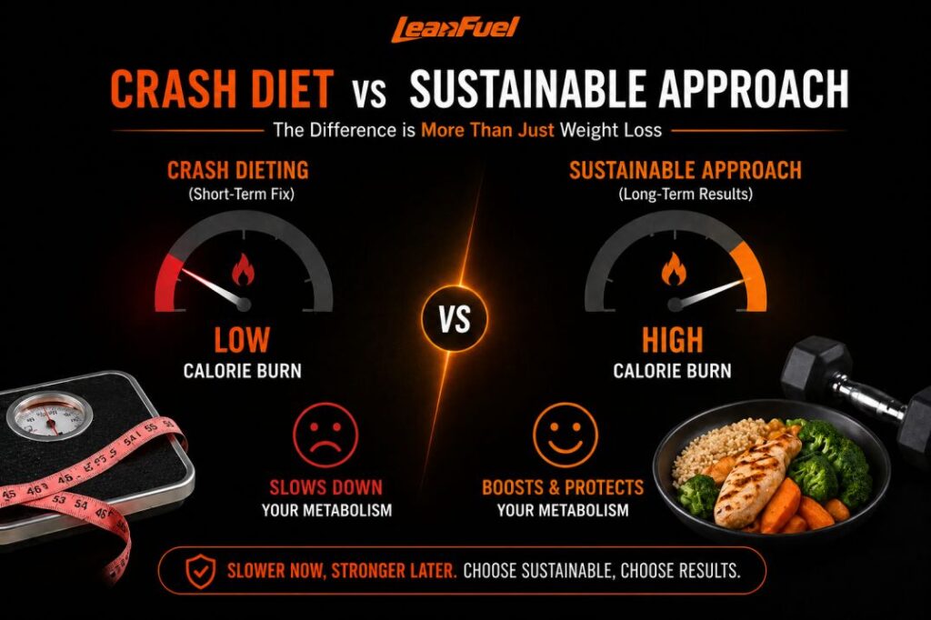 “metabolic slowdown after crash dieting calorie burn comparison”