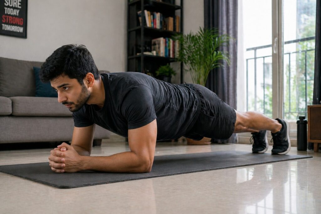 Proper plank position for core strength home workout