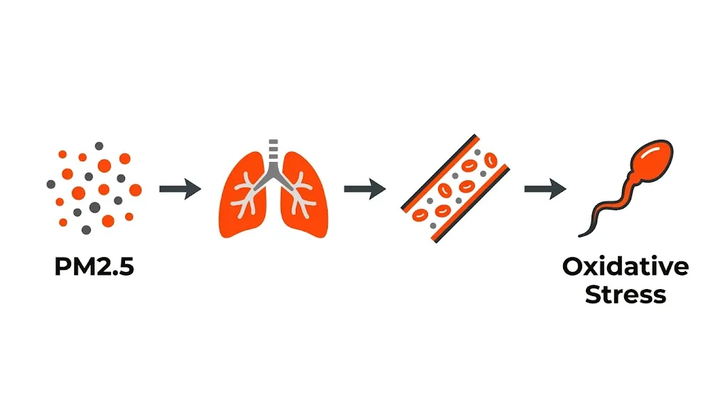 Diagram showing PM2.5 moving from lungs to bloodstream to sperm cells