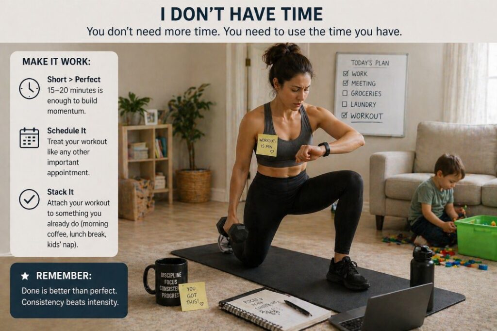 busy person doing short home workout in limited time