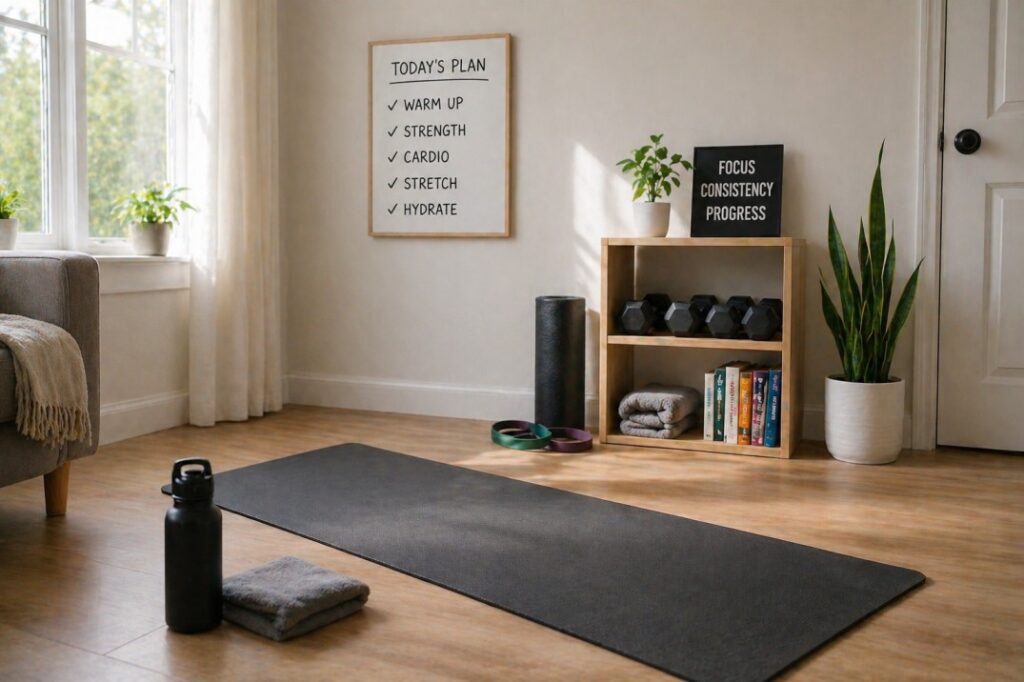 simple home workout setup in small space for beginners