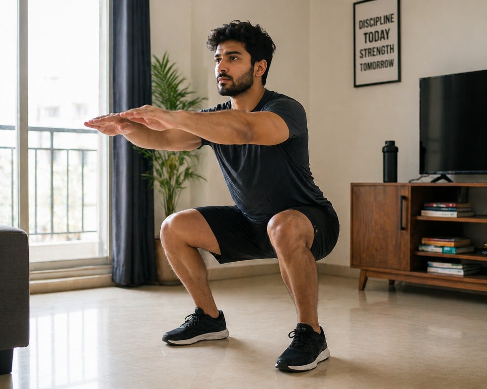 Correct bodyweight squat form for home workout beginners