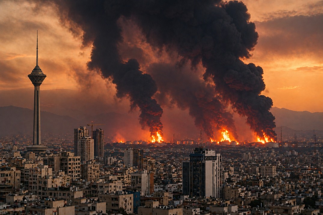 toxic air pollution from oil fires during Iran war over city skyline
