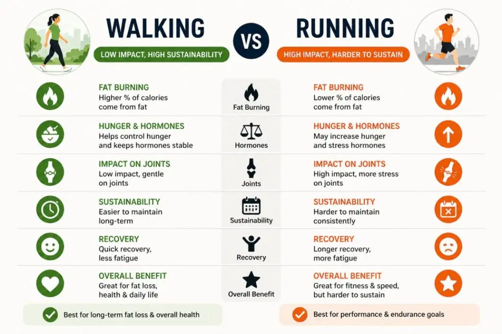 walking vs running comparison for fat loss benefits and risks