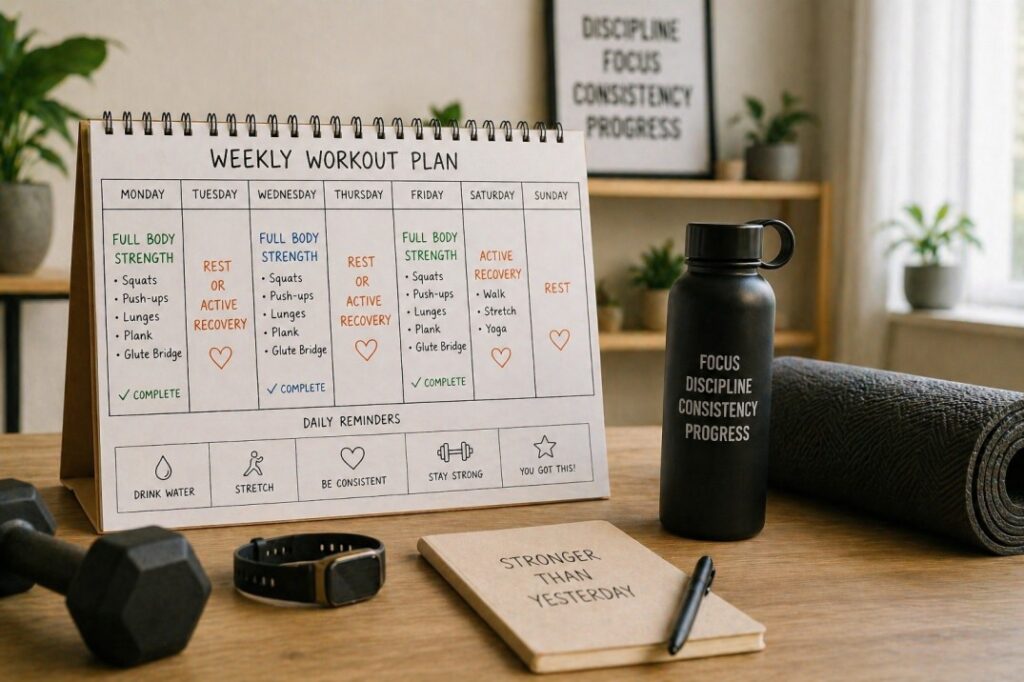 weekly home workout schedule for beginners with 3 day routine