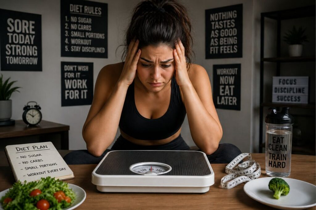 “person frustrated with weight scale results dieting struggle”