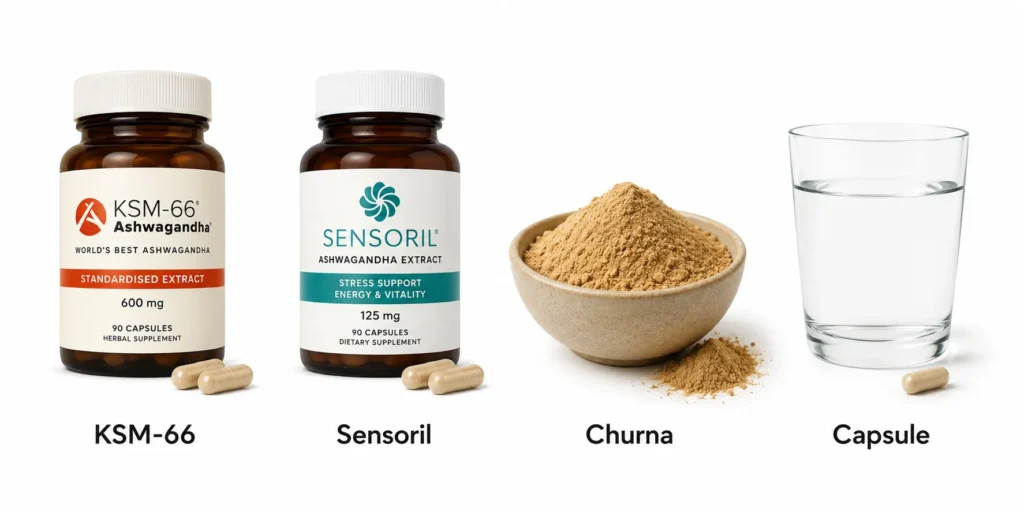 Different ashwagandha forms including churna capsules and extracts