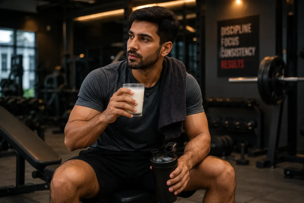 Athlete drinking warm milk after strength training workout session