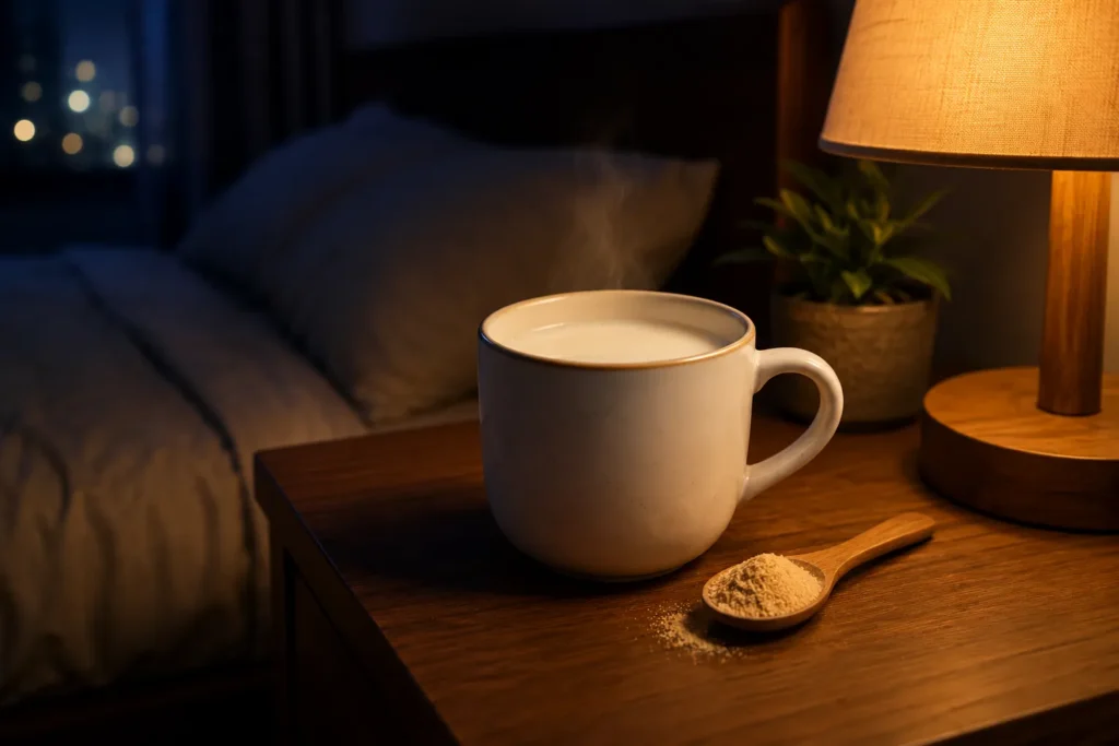 Ashwagandha with warm milk at night beside bedside lamp