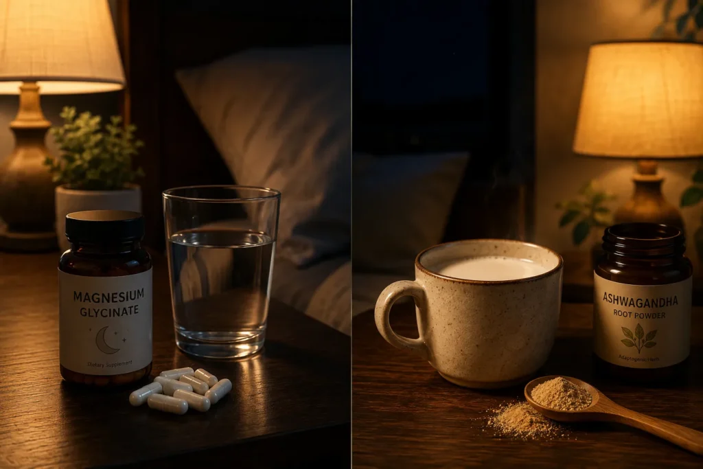 Ashwagandha and magnesium supplements arranged beside nighttime sleep setup