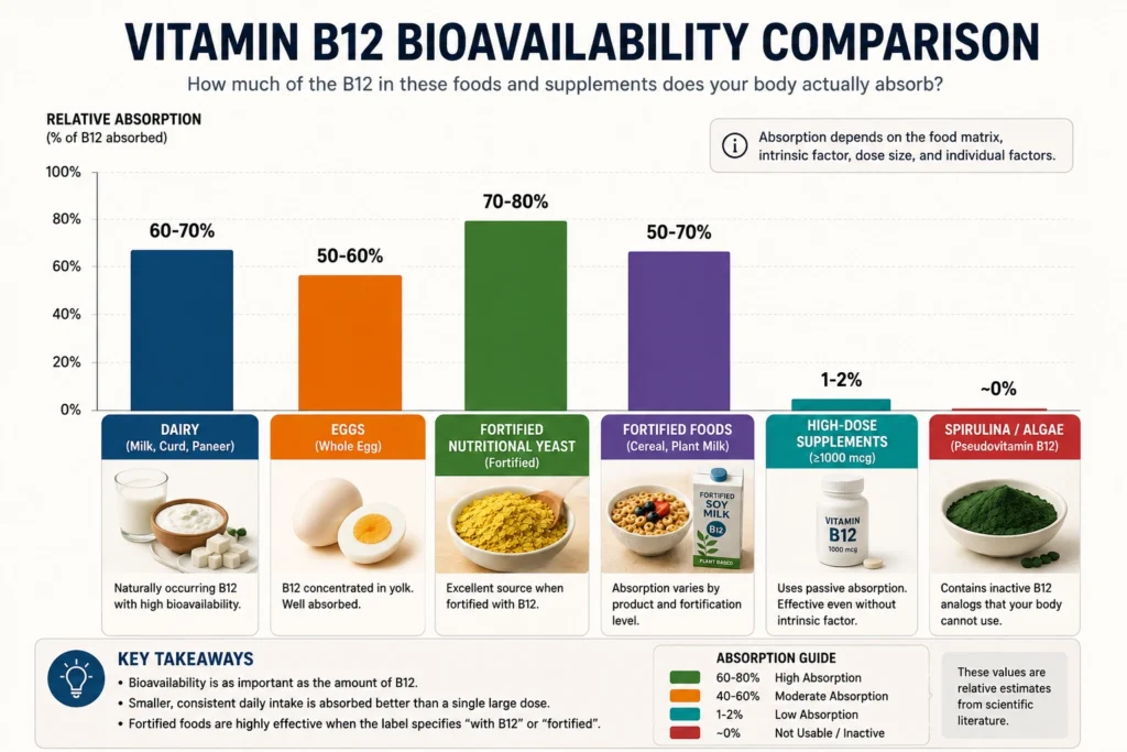 Chart comparing vitamin B12 absorption from vegetarian food sources