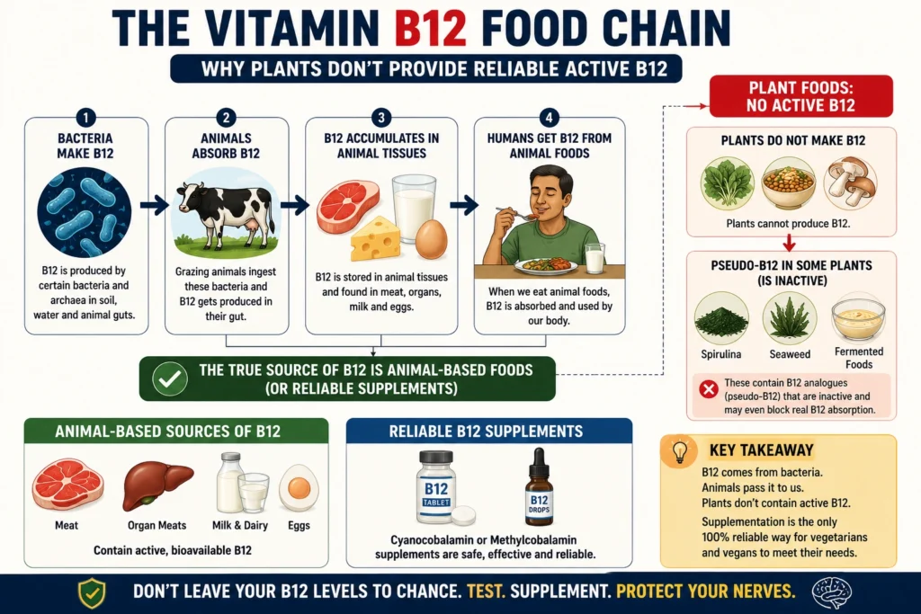 Vitamin B12 food chain showing why plants lack active B12