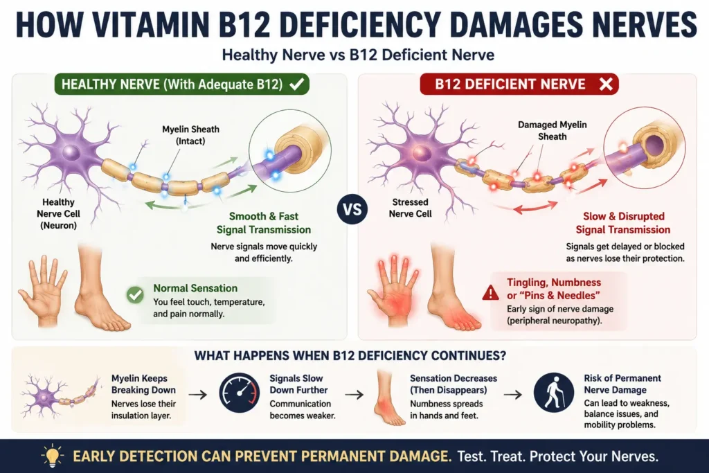 Vitamin B12 deficiency damaging peripheral nerve communication pathways