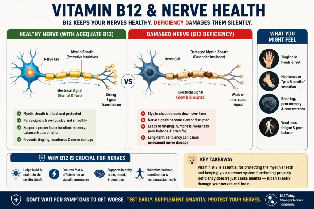 Vitamin B12 deficiency damaging nerve insulation and communication pathways