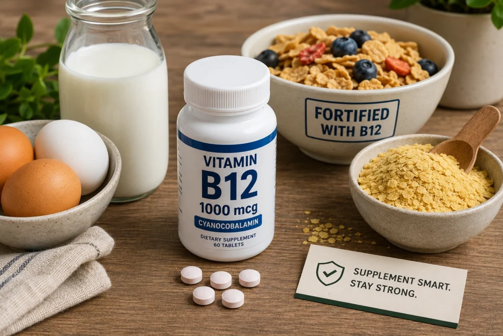 Vitamin B12 supplements beside vegetarian food sources on table