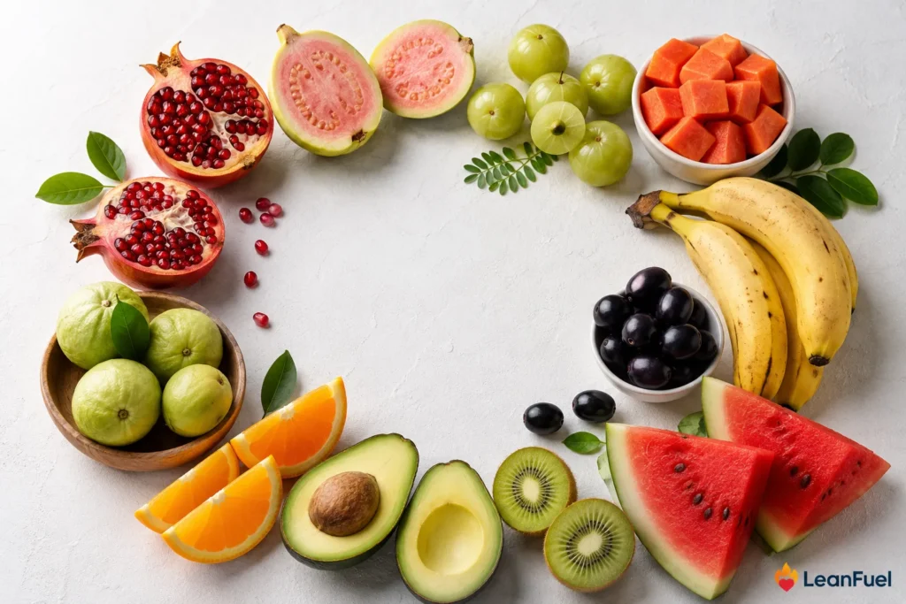 Indian fruits for heart health arranged together on white surface