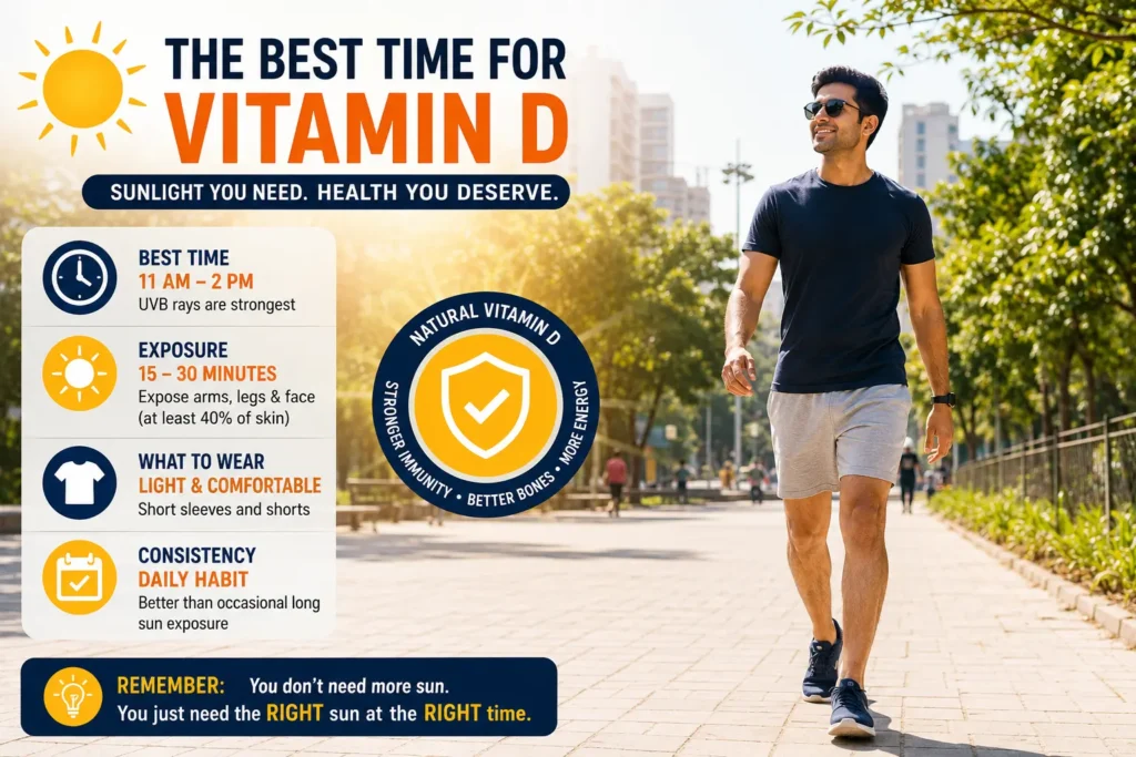 Indian adult walking outdoors during peak vitamin D sunlight hours