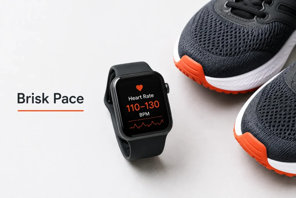 Brisk walking pace shown through heart rate smartwatch display