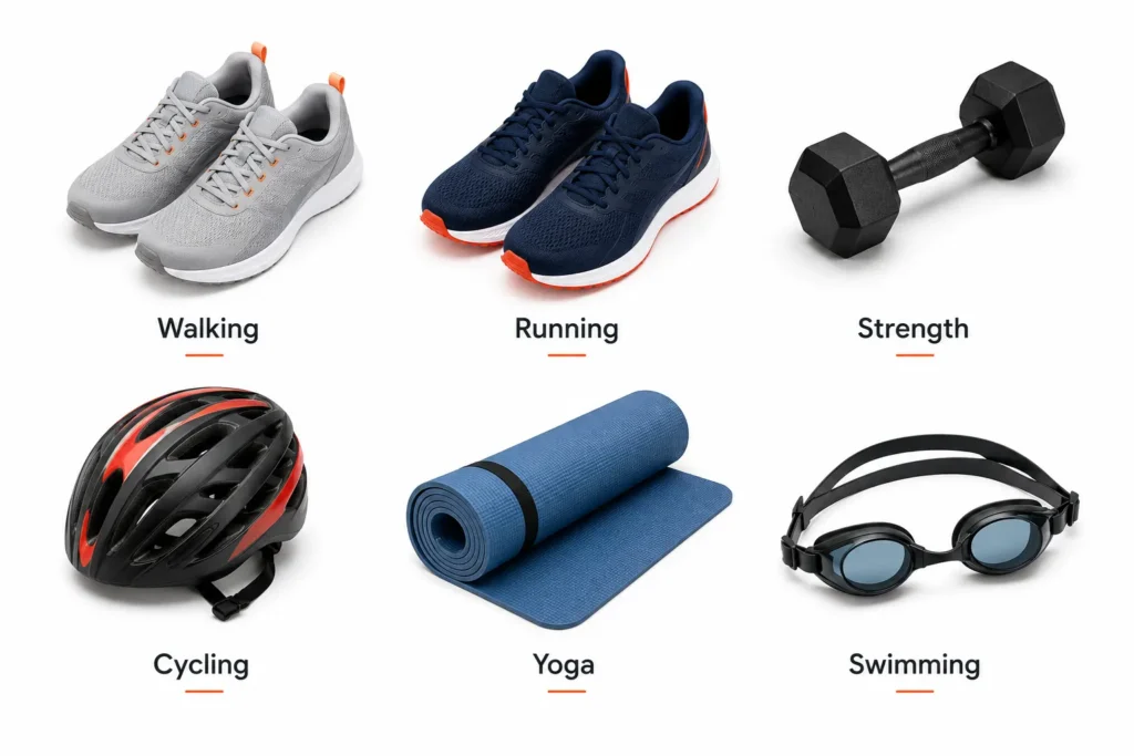 Popular exercises for heart health arranged side by side