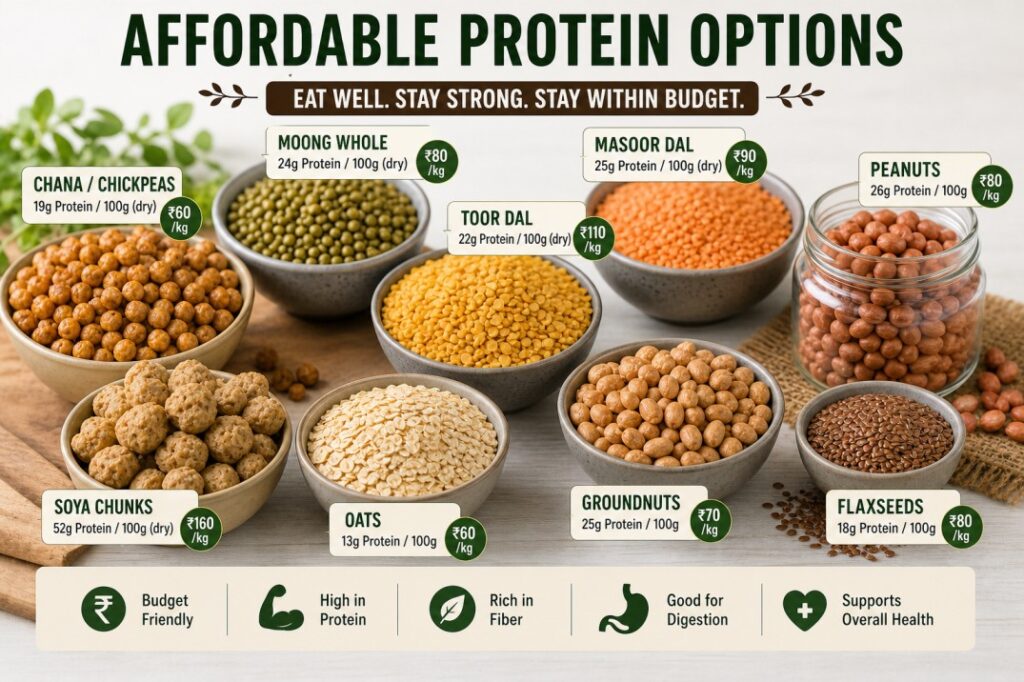 “Affordable vegetarian protein foods in India like chana, peanuts and dal”