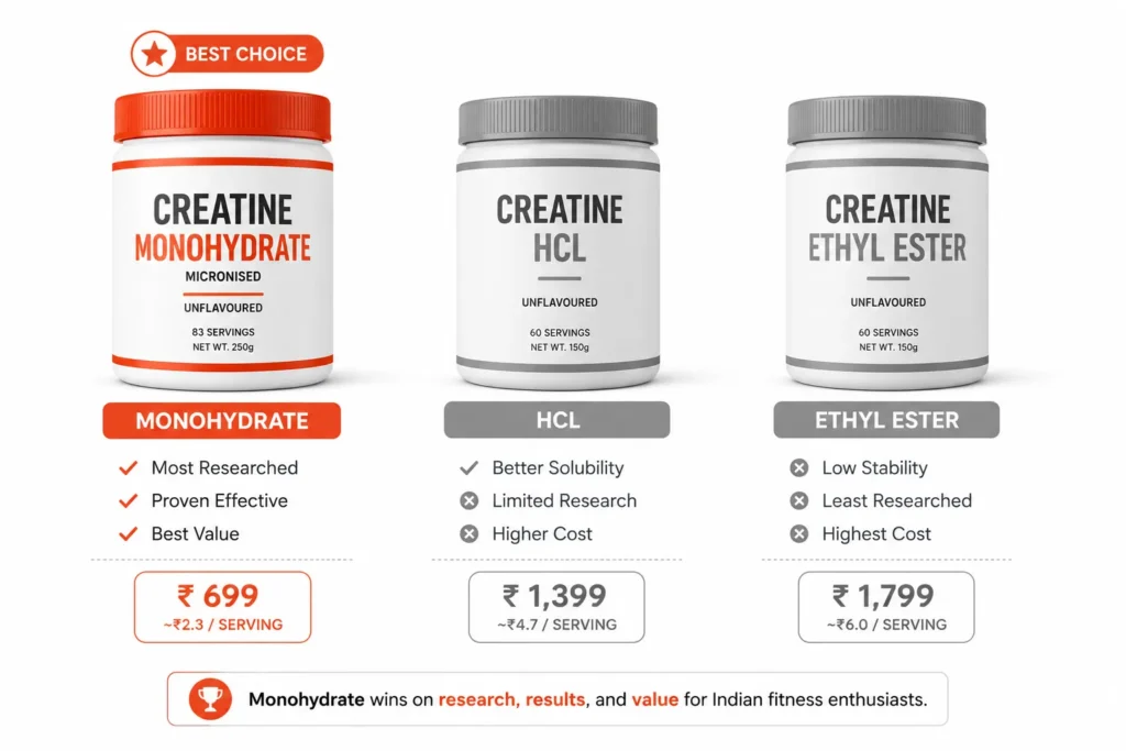 Creatine monohydrate compared with HCL and ethyl ester supplement forms
