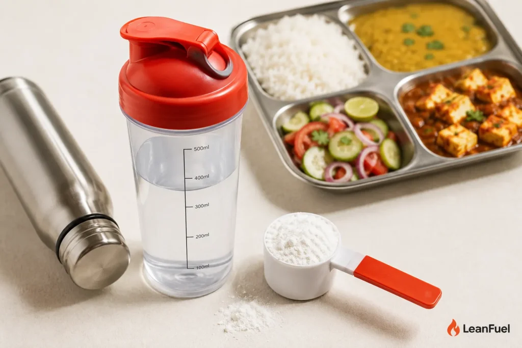 Indian creatine monohydrate setup with vegetarian fitness meal beside shaker