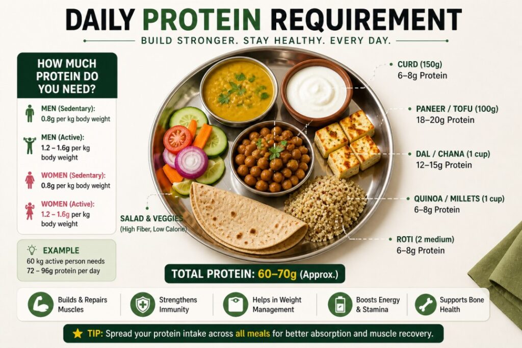 “Daily protein requirement example for Indian diet”