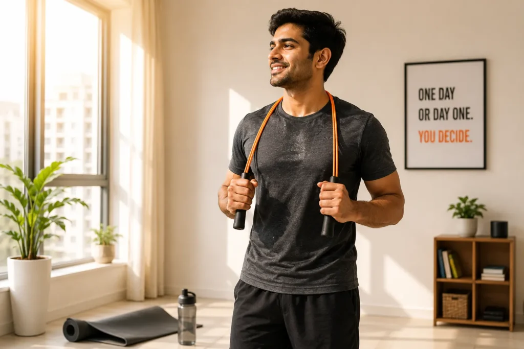 Indian man finishing daily skipping rope workout for sustainable weight loss