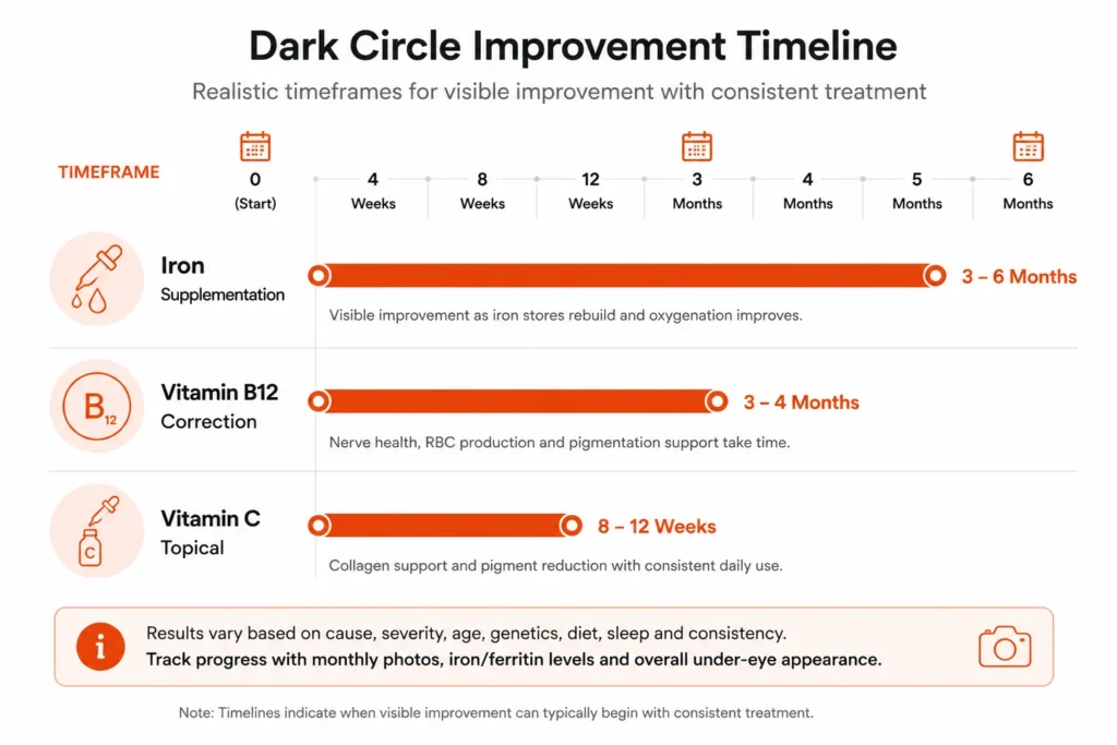 Timeline showing improvement periods for dark circle treatments